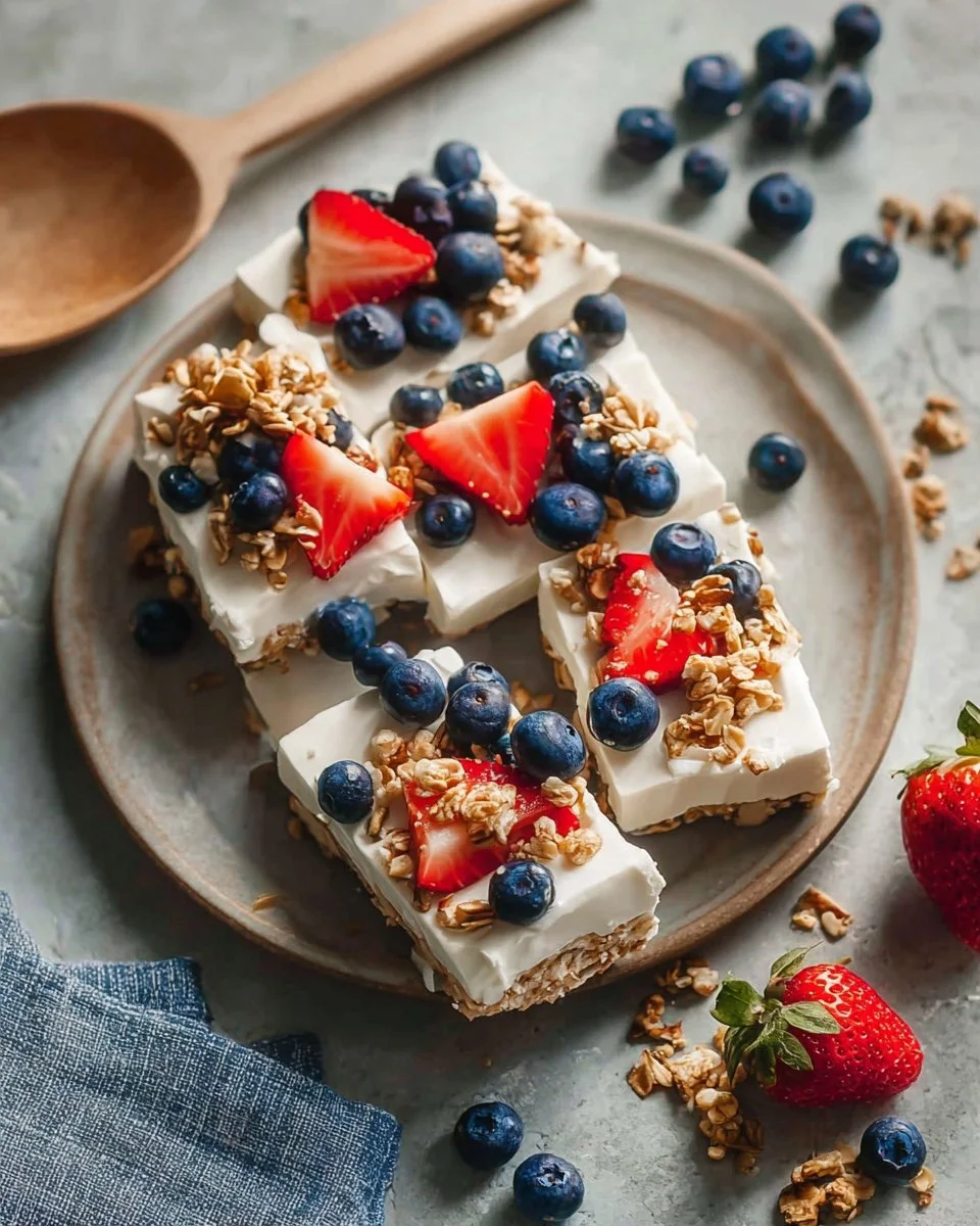 Frozen yogurt bark with protein powder topped with fruits and nuts.