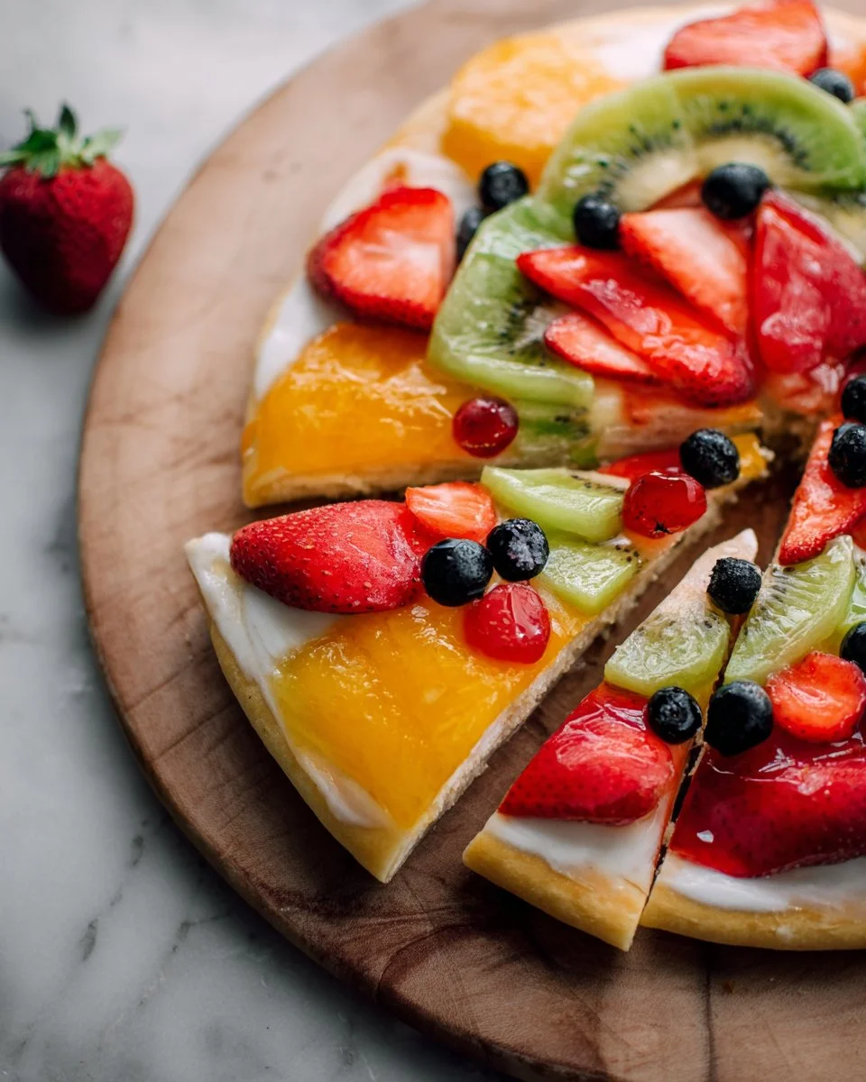 Colorful fruit pizza topped with assorted fresh fruits on a sweet crust