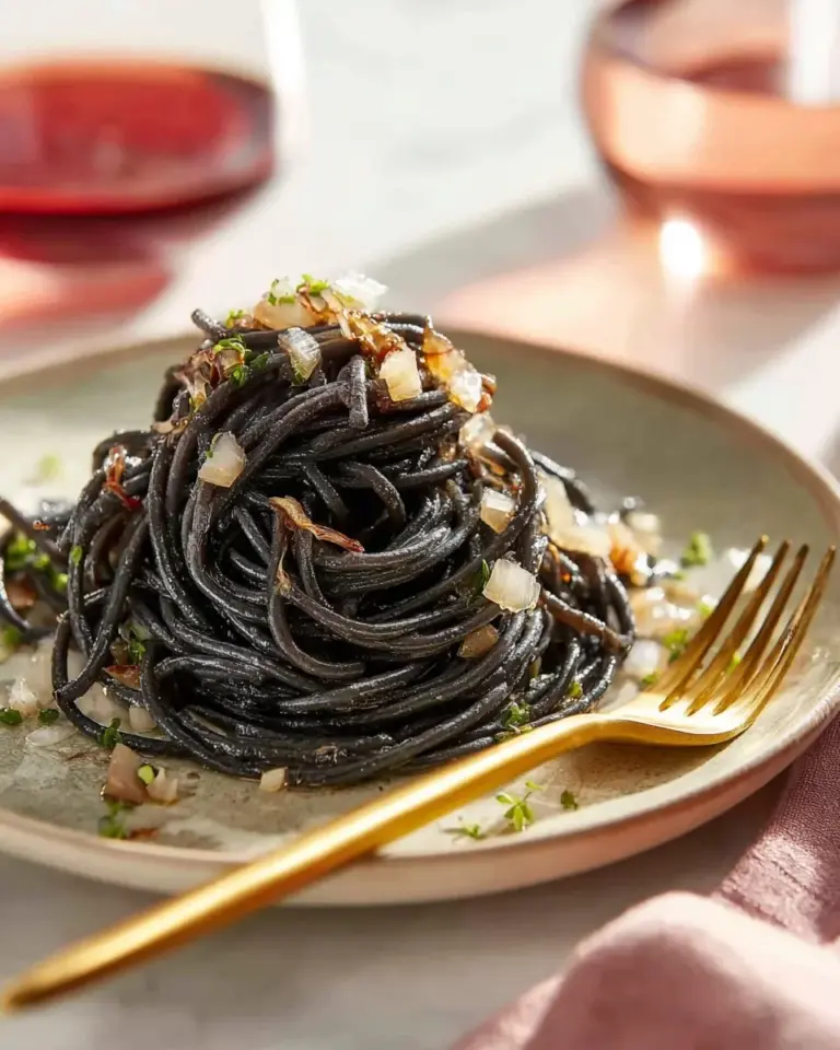 Plate of Garlic Black Pasta Aglio e Olio garnished with herbs