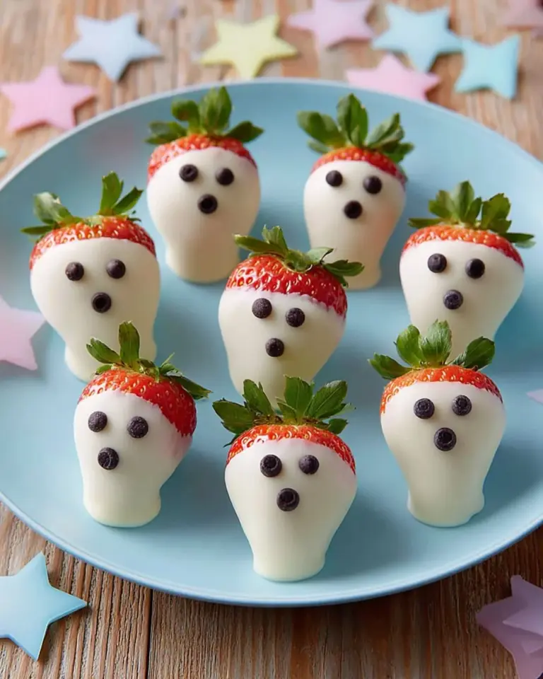 Ghost chocolate covered strawberries decorated for Halloween
