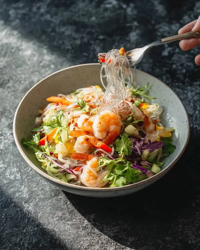 Glass noodle salad with shrimp and pork garnished with fresh herbs and vegetables