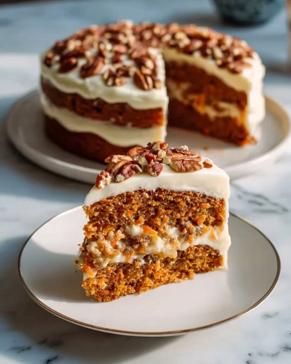 Delicious gluten-free carrot cake topped with creamy frosting and walnuts.