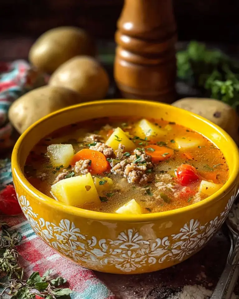 Bowl of ground turkey and potato soup garnished with herbs
