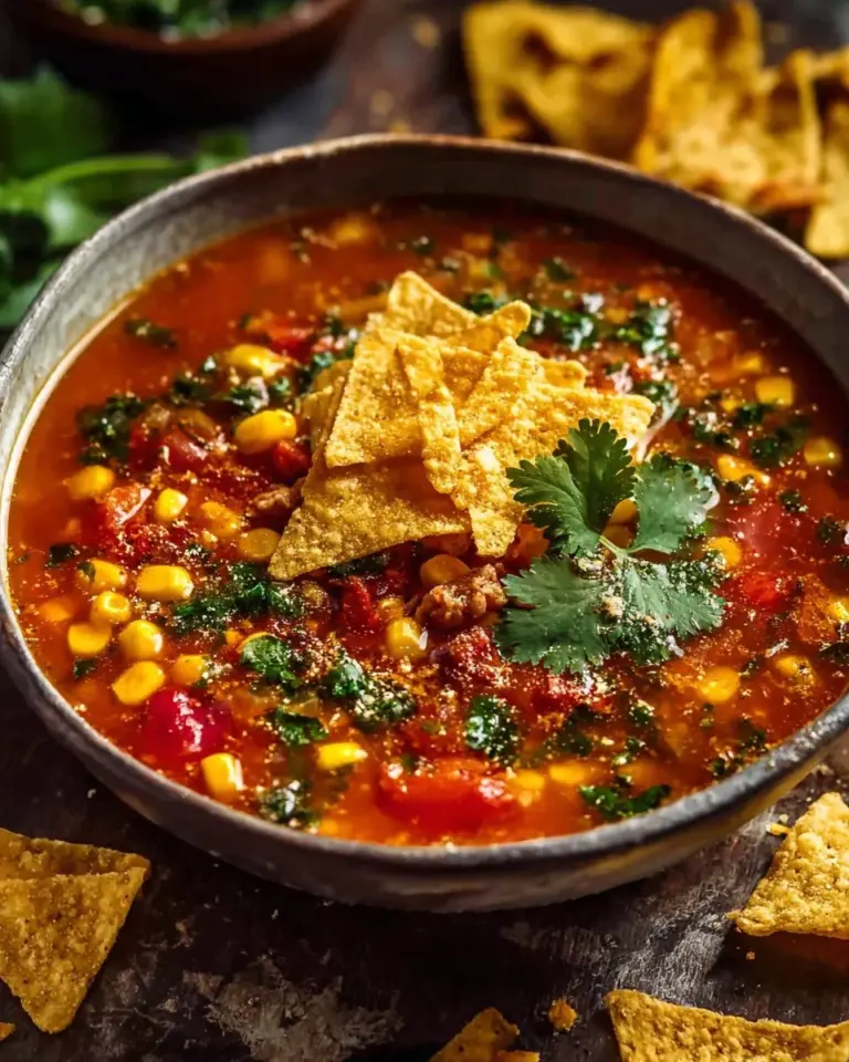 Bowl of Ground Turkey Tortilla Soup garnished with tortilla strips and cilantro