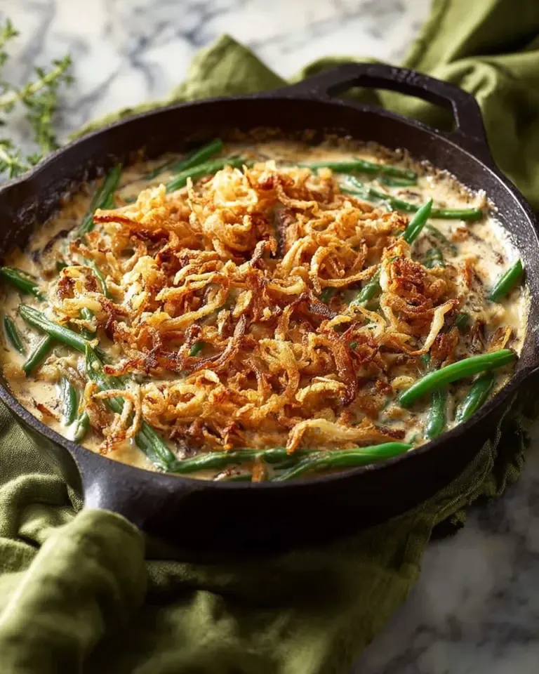 Ground turkey with green beans casserole in a baking dish, ready to serve.