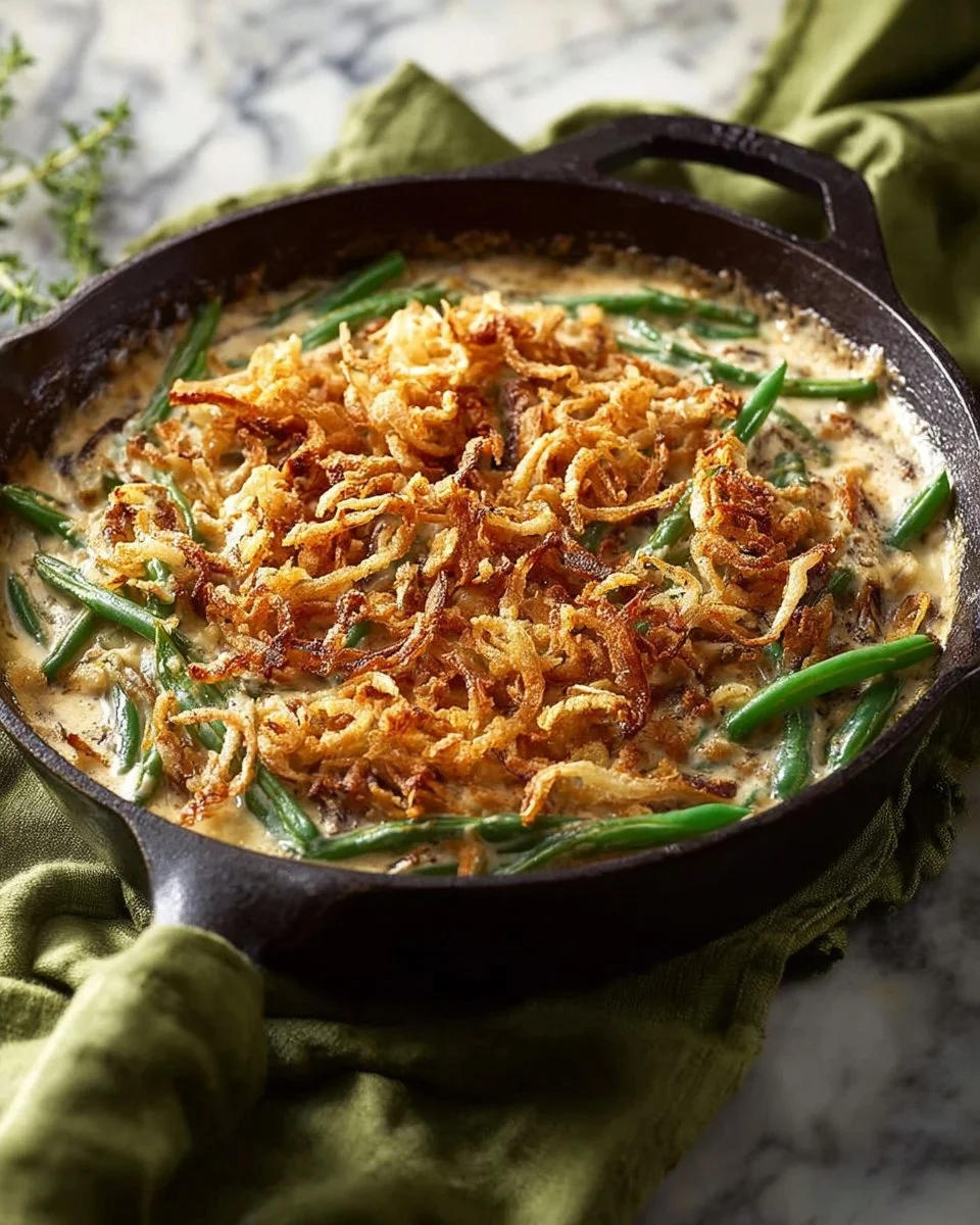 Ground turkey with green beans casserole in a baking dish, ready to serve.