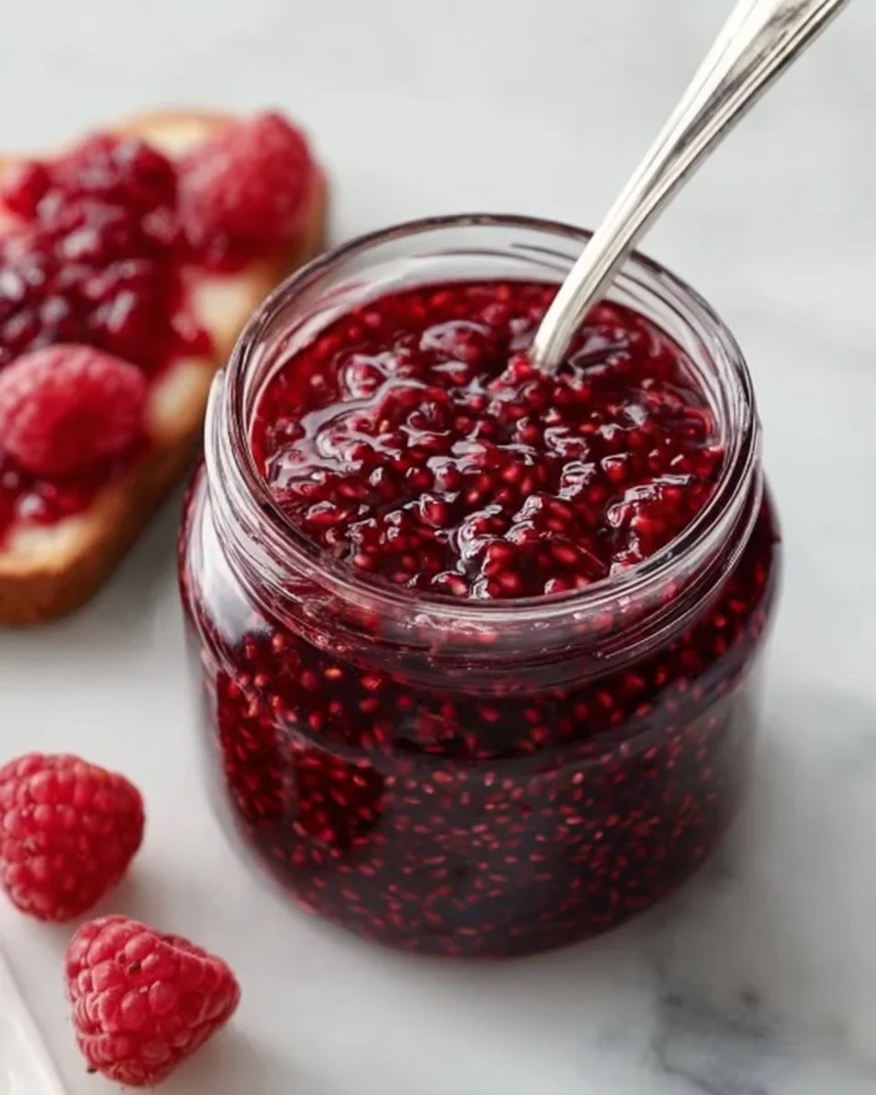 A jar of healthy chia seed jam with fresh berries on a wooden table