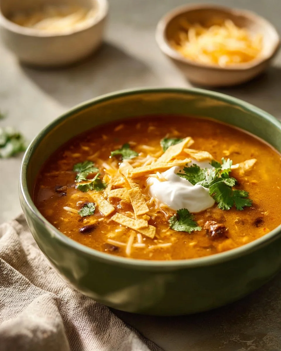 Bowl of hearty creamy ground turkey tortilla soup topped with tortilla strips.