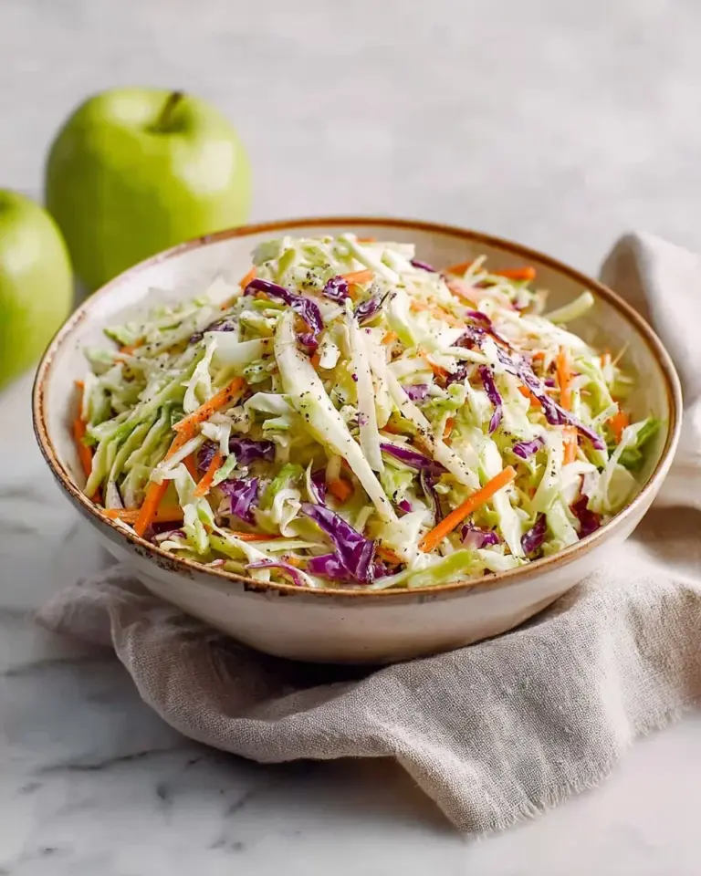 Bowl of homemade coleslaw with apple and yogurt dressing garnished with fresh herbs