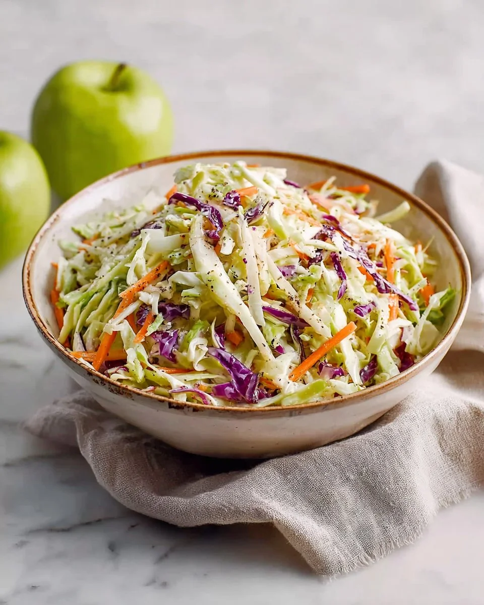 Bowl of homemade coleslaw with apple and yogurt dressing garnished with fresh herbs