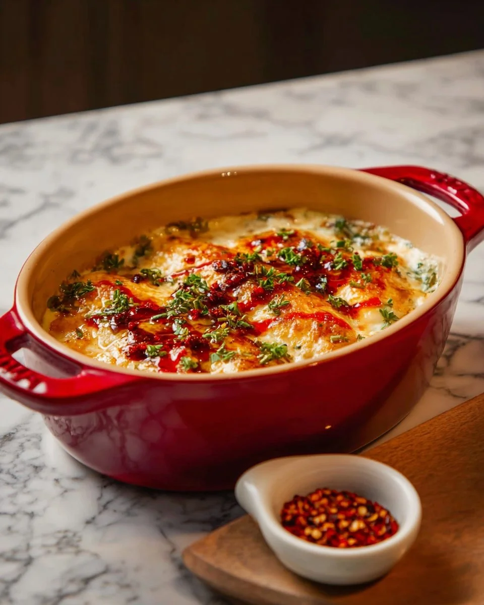 Hot jalapeno popper dip topped with bacon and pepper jelly served in a bowl.