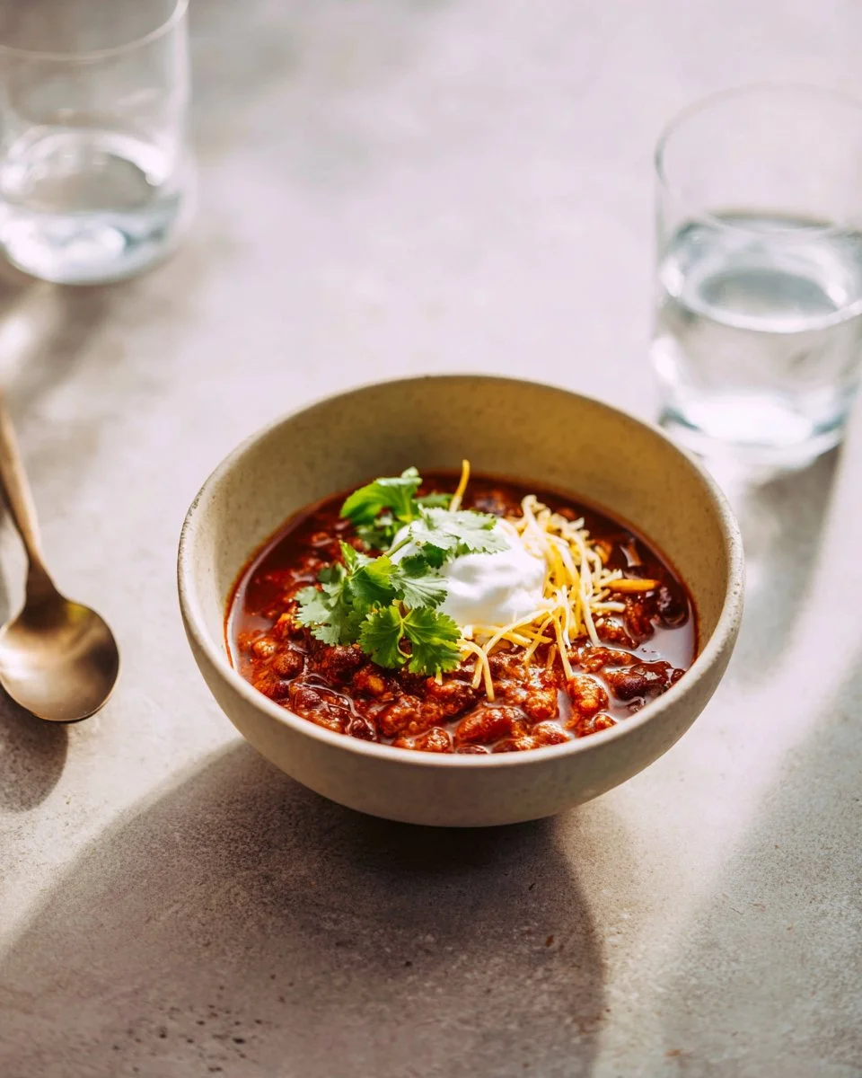 Bowl of Instant Pot Chicken Chili with toppings