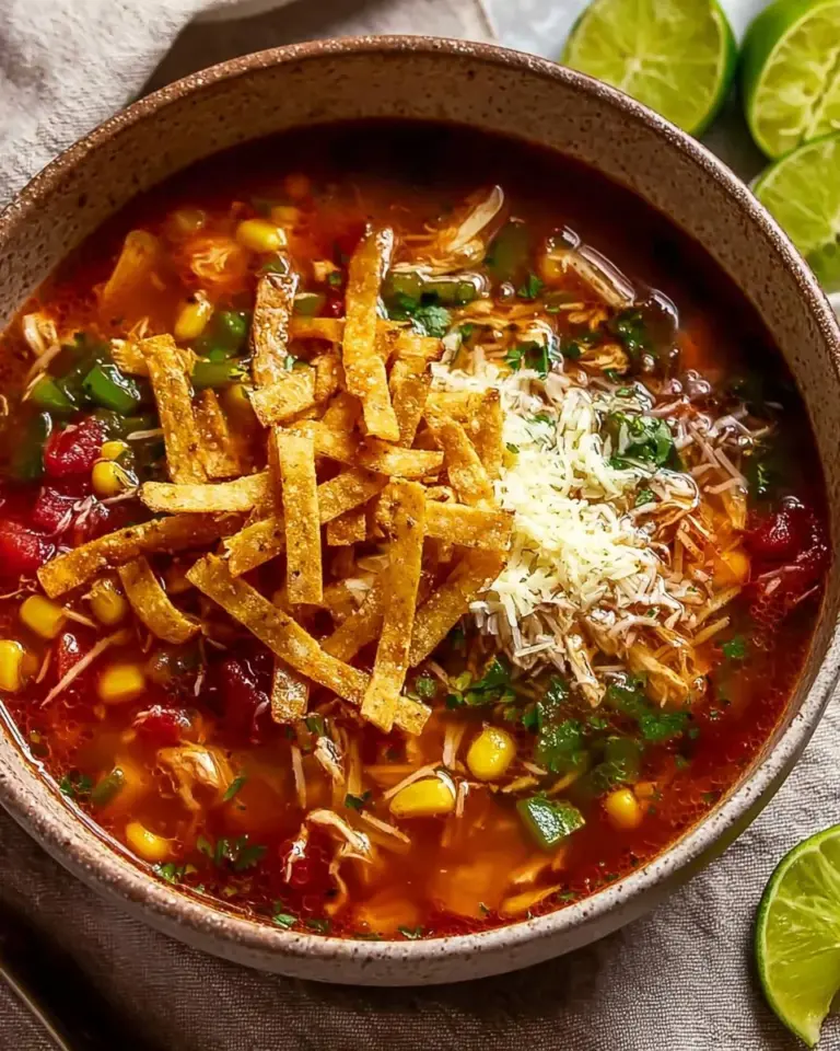 Delicious Instant Pot Turkey Tortilla Soup garnished with tortilla strips.