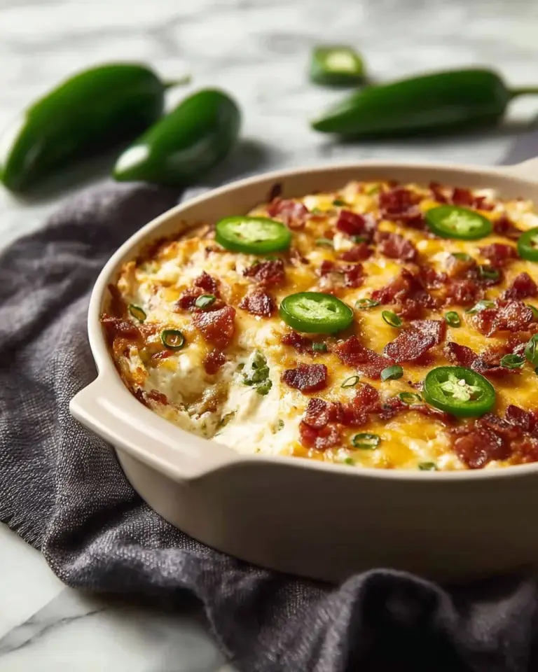 A plate of jalapeno popper chicken topped with jalapenos and melted cheese.