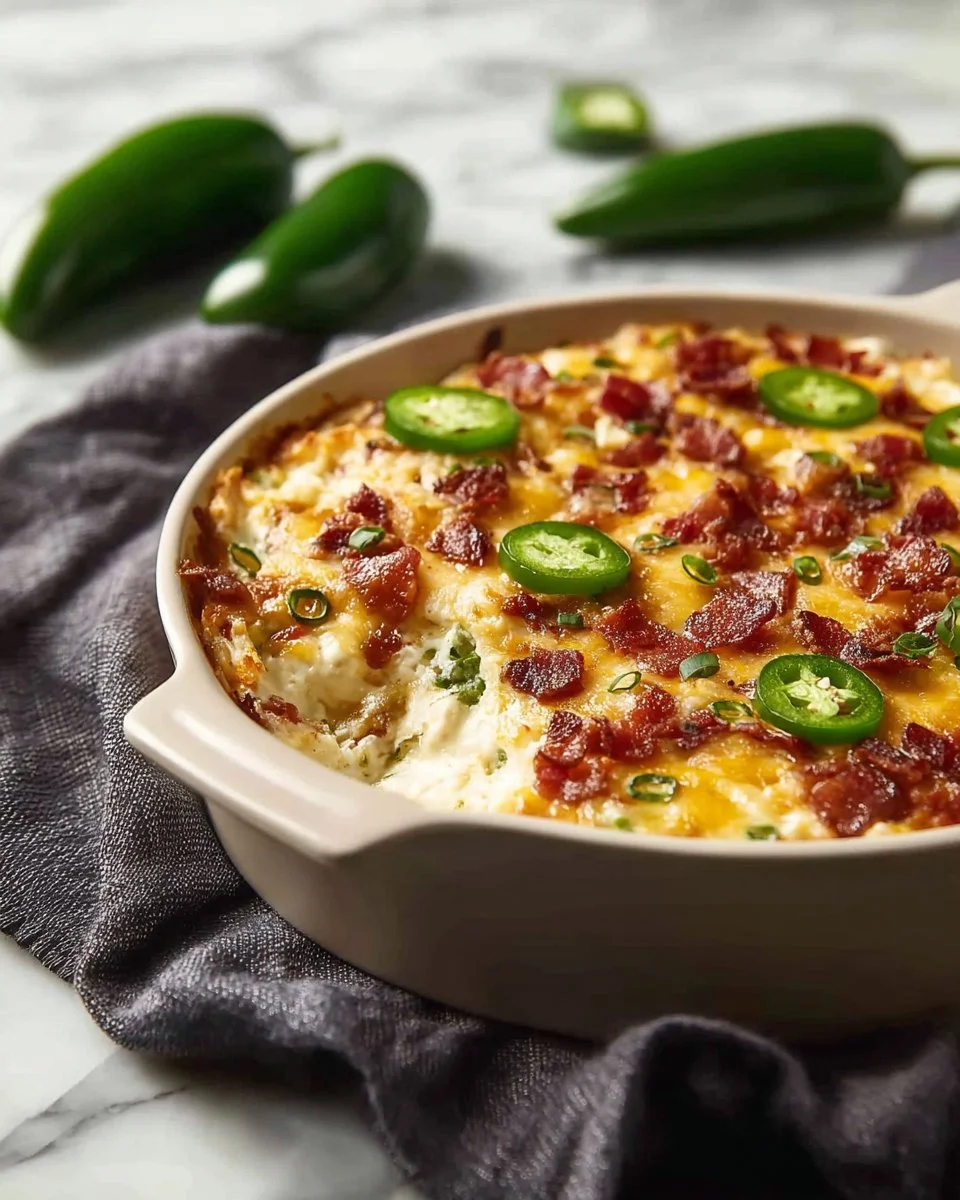 A plate of jalapeno popper chicken topped with jalapenos and melted cheese.