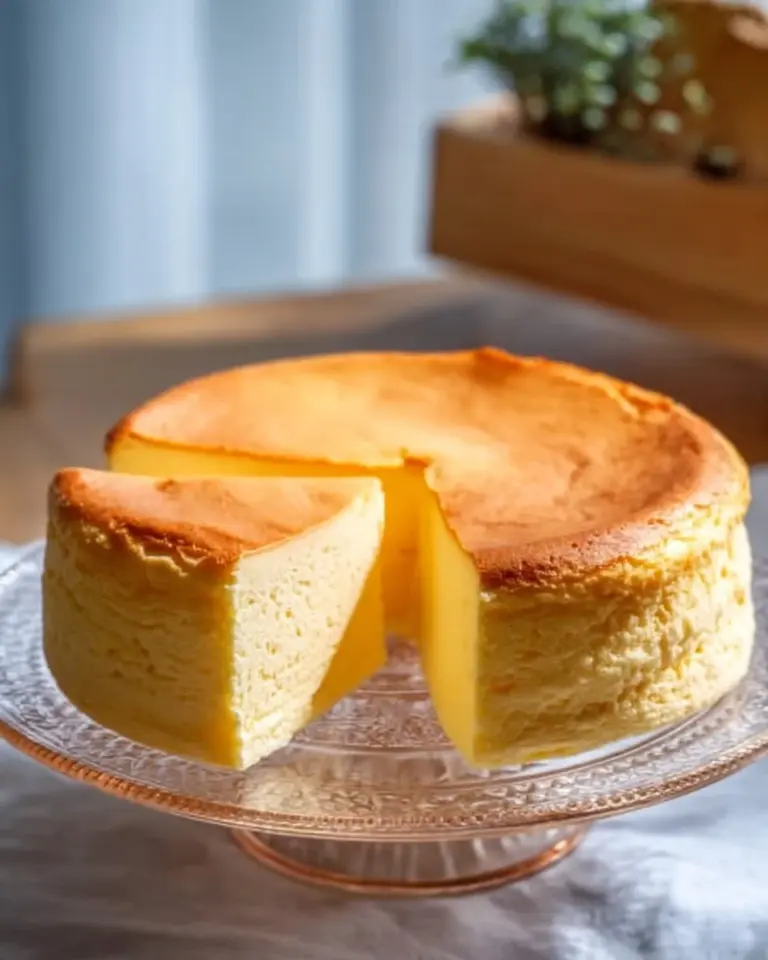 Slice of airy Japanese cheesecake topped with fresh berries
