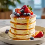 Stack of Japanese fluffy pancakes topped with syrup and berries