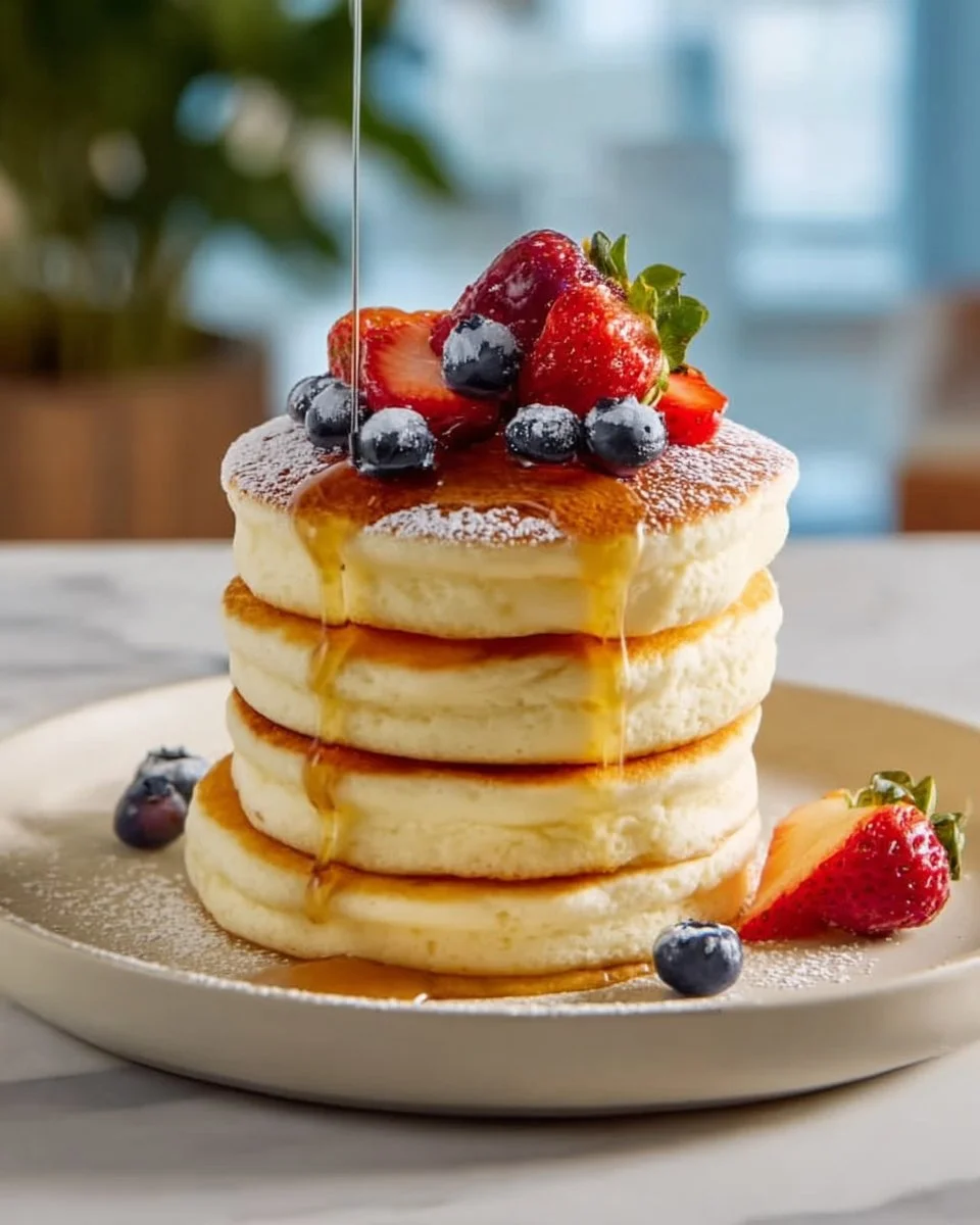 Stack of Japanese fluffy pancakes topped with syrup and berries