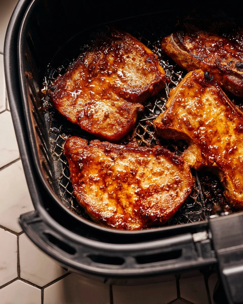 Juicy air fryer pork chops served on a plate with herbs and spices