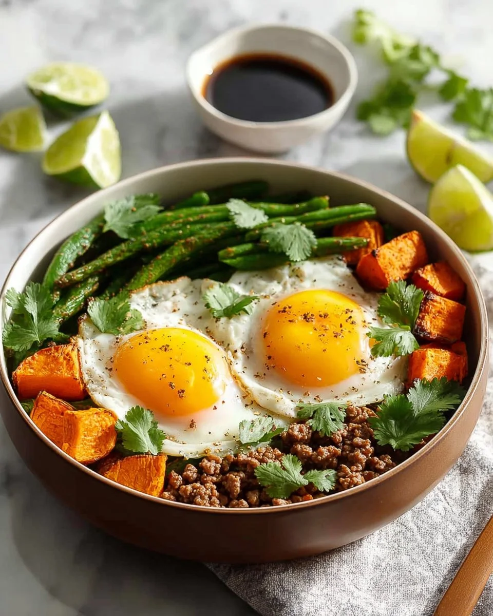 Juicy ground turkey dish with green beans and sweet potato on a plate