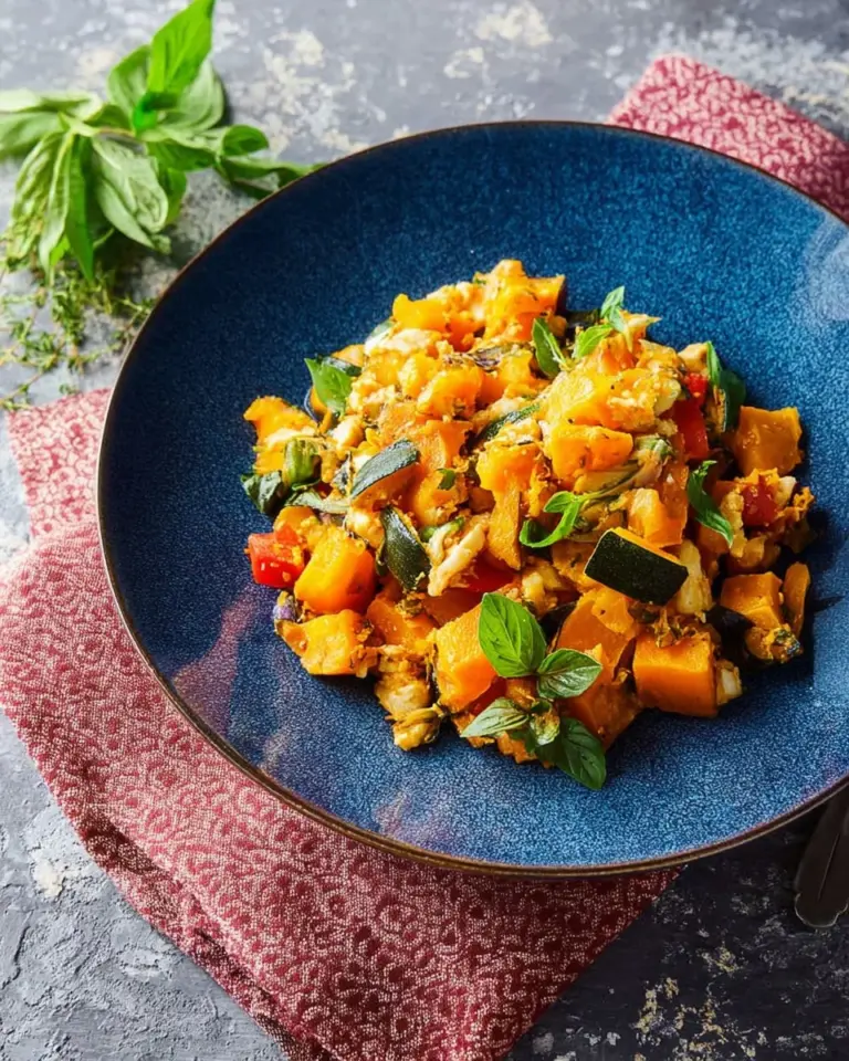 Kabocha squash stir-fry (pad faktong) served on a plate with vibrant vegetables.
