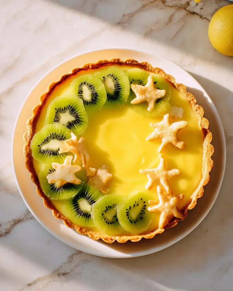 A vibrant Kiwi Lime Curd Tart garnished with fresh kiwi slices and lime zest.