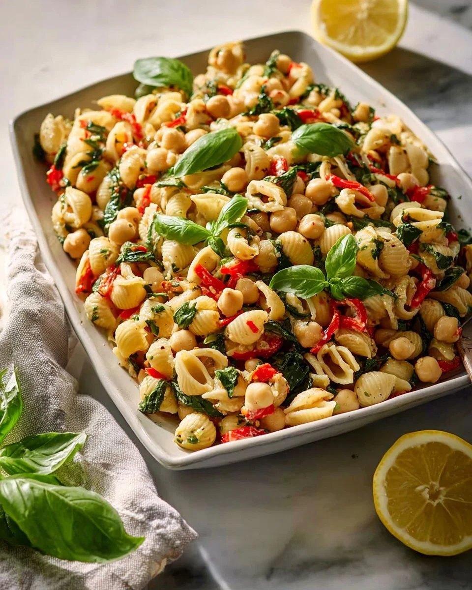 Bowl of lemon high protein bean pasta salad with fresh vegetables