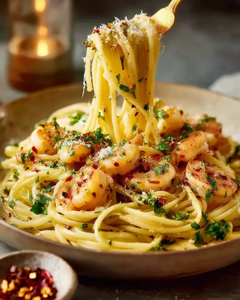 Lemony shrimp pasta with garlic and oil, garnished with fresh parsley.