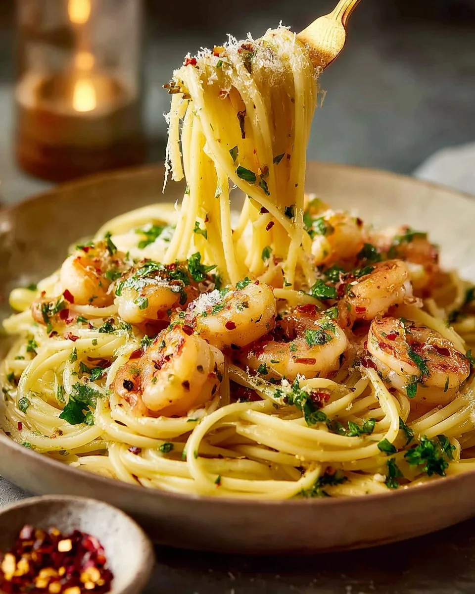 Lemony shrimp pasta with garlic and oil, garnished with fresh parsley.