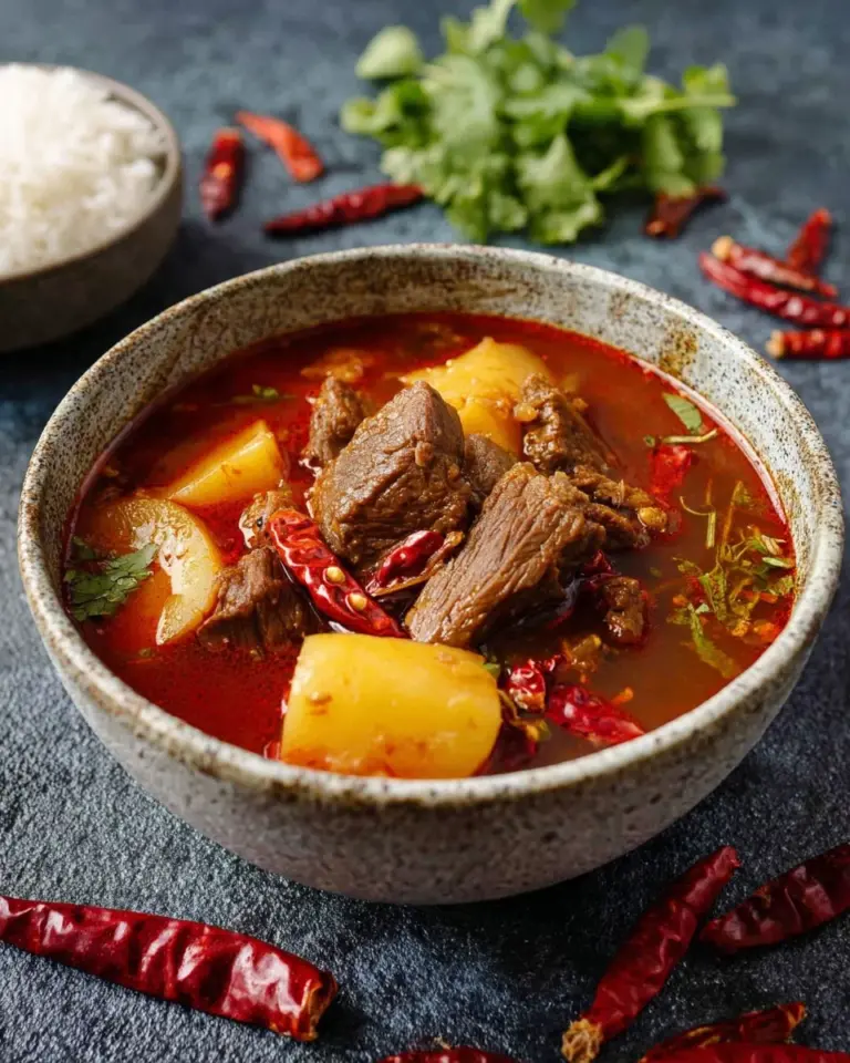 Delicious Massaman Beef Curry served in a bowl with herbs and spices