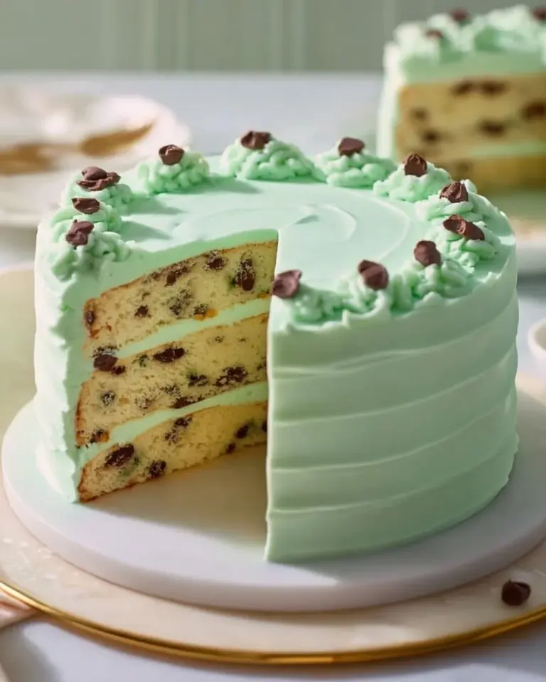 Delicious Mint Chocolate Chip Cake with mint frosting and chocolate chips