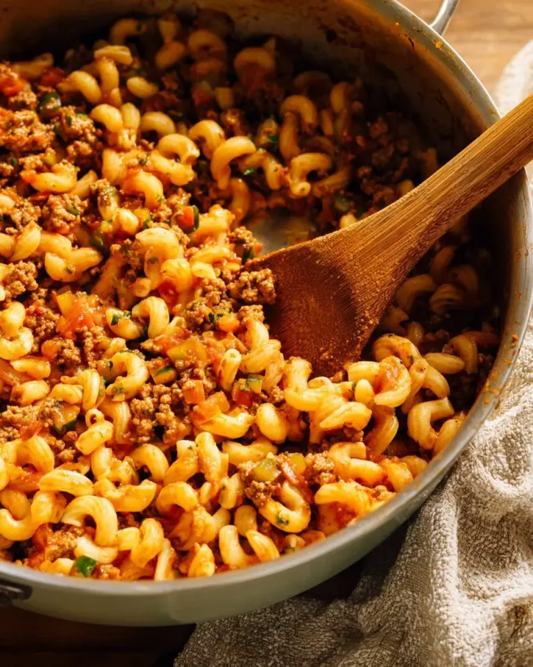 Mom's best American Chop Suey recipe with pasta, ground beef, and bell peppers.