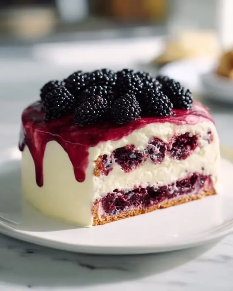 Delicious homemade Mulberry Cake topped with fresh berries