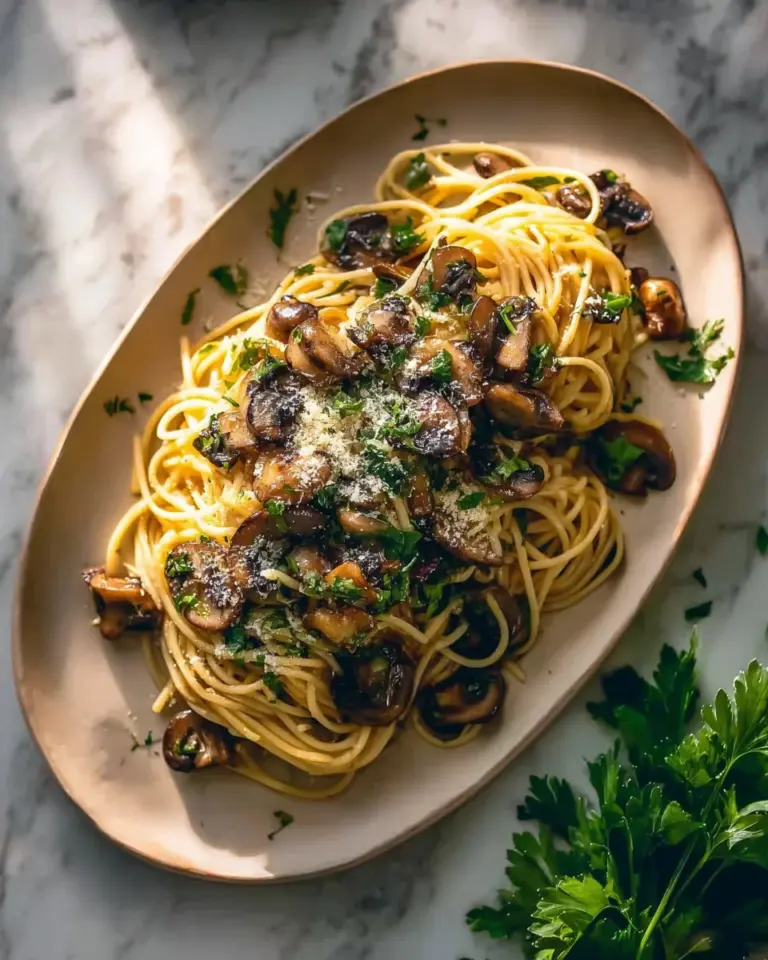 Mushroom Pasta with Garlic and Oil served in a bowl