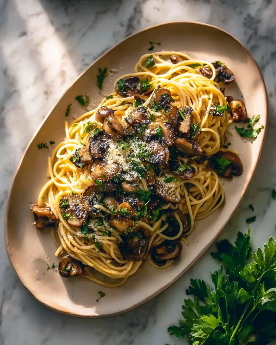 Mushroom Pasta with Garlic and Oil served in a bowl