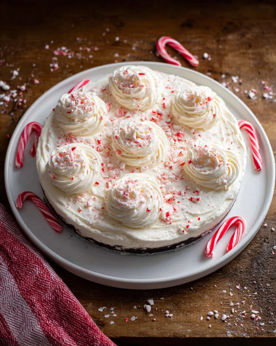 Delicious no bake peppermint cheesecake topped with crushed candy canes.