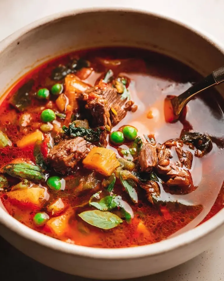 Old fashioned vegetable beef soup with tender beef and fresh vegetables