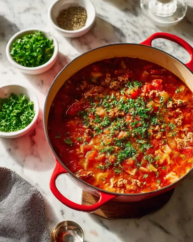 One-pot cabbage roll soup made with ground turkey and fresh ingredients