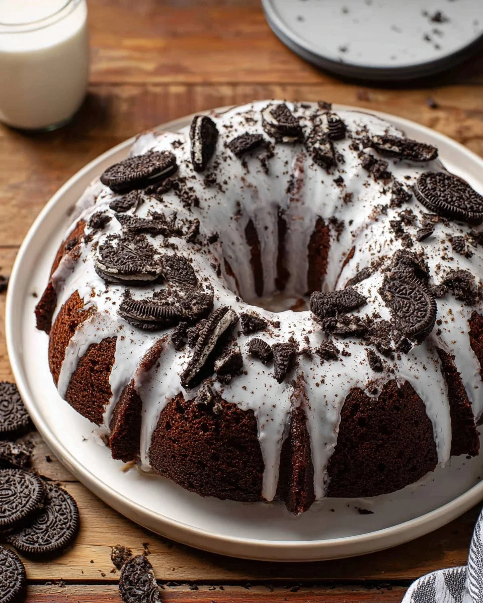 Deliciously decadent Oreo Bundt Cake with cookies and cream frosting