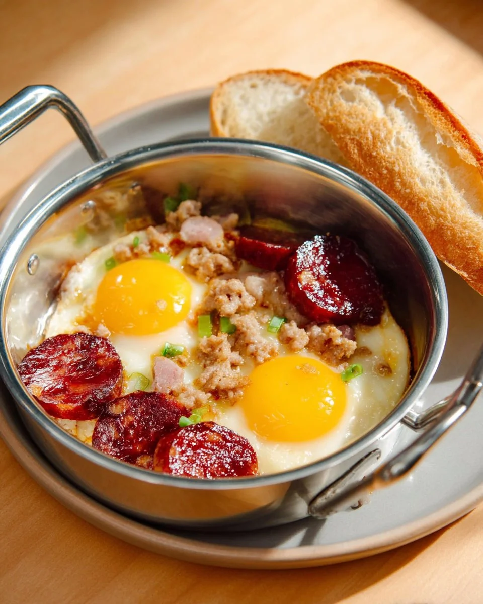 Pan Eggs breakfast Thai style (Kai Grata) served in a small ceramic pan