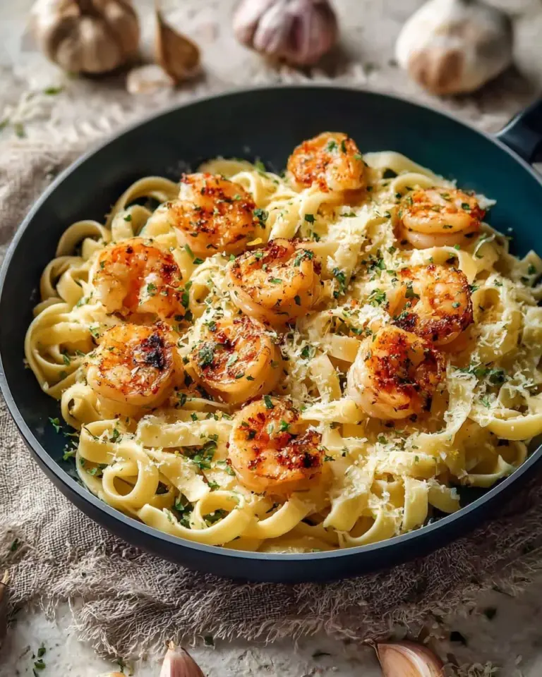 Delicious Parmesan Shrimp Fettuccine served in a creamy sauce with fresh shrimp.