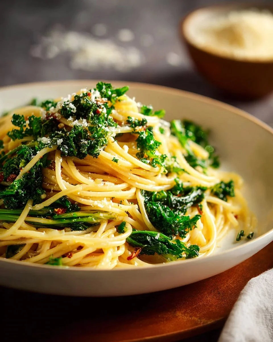 Pasta with garlic, oil, and kale served on a plate