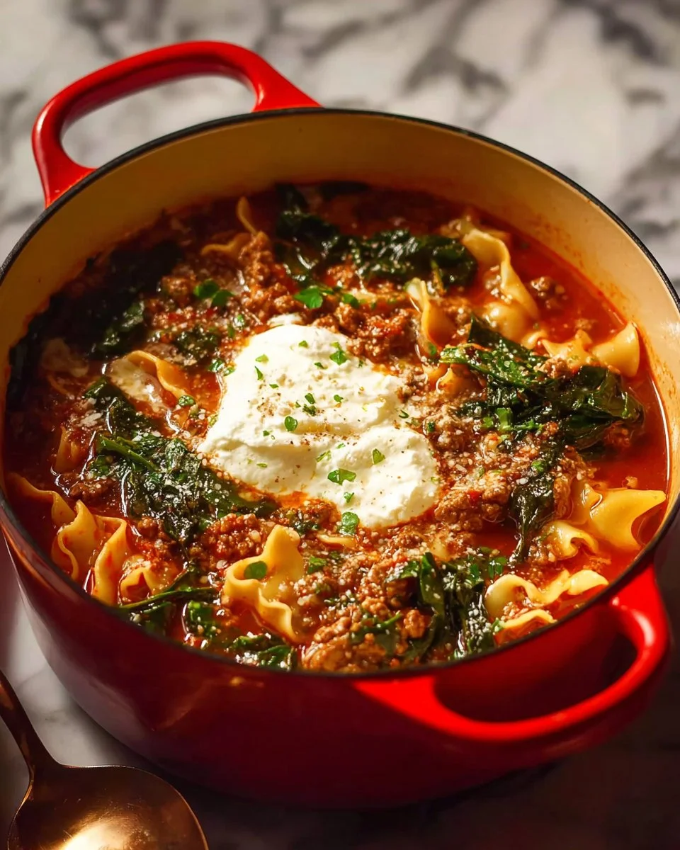 Delicious Quick Dutch Oven Lasagna Soup served in a bowl with fresh toppings