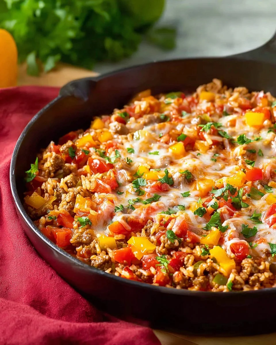 Plate of quick unstuffed bell peppers with ground turkey and vegetables