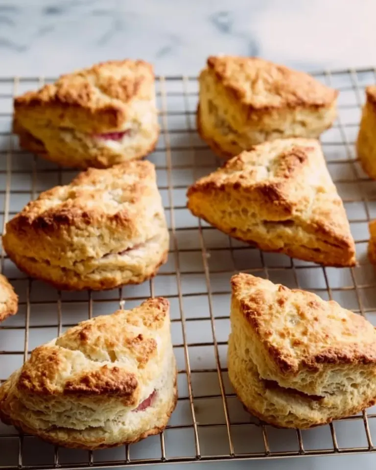 Freshly baked rhubarb scones on a wooden table with a cup of tea