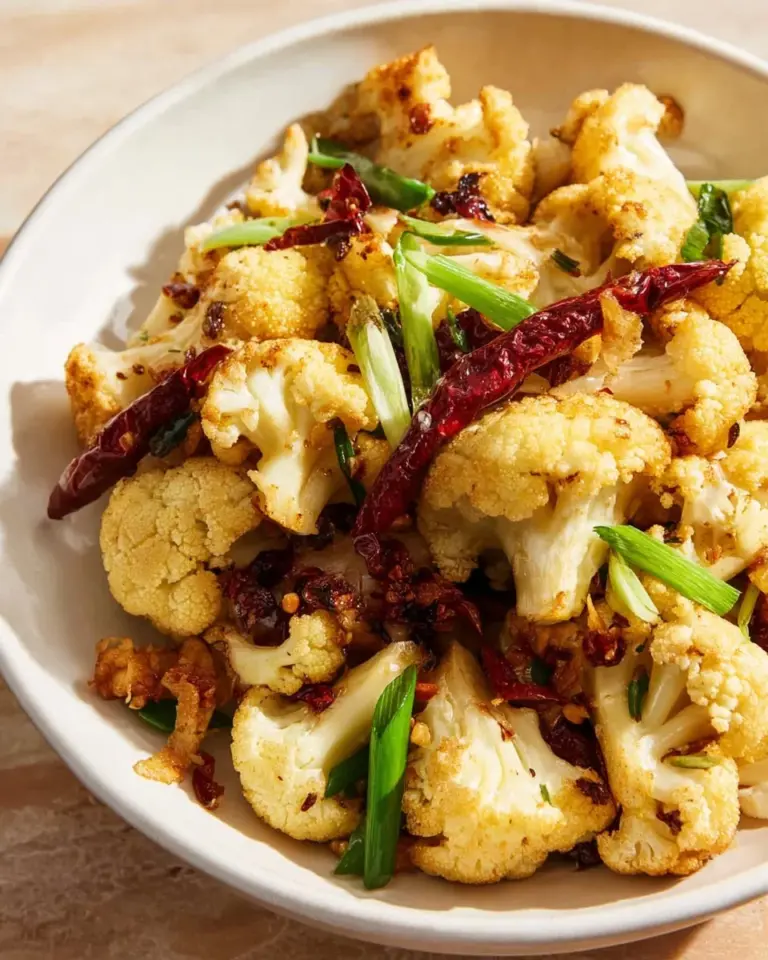 Plate of roasted cauliflower seasoned with five spice for a flavorful side dish