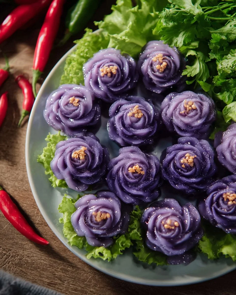 Royal Flower Dumplings Chor Muang - vibrant edible flower shaped dumplings.