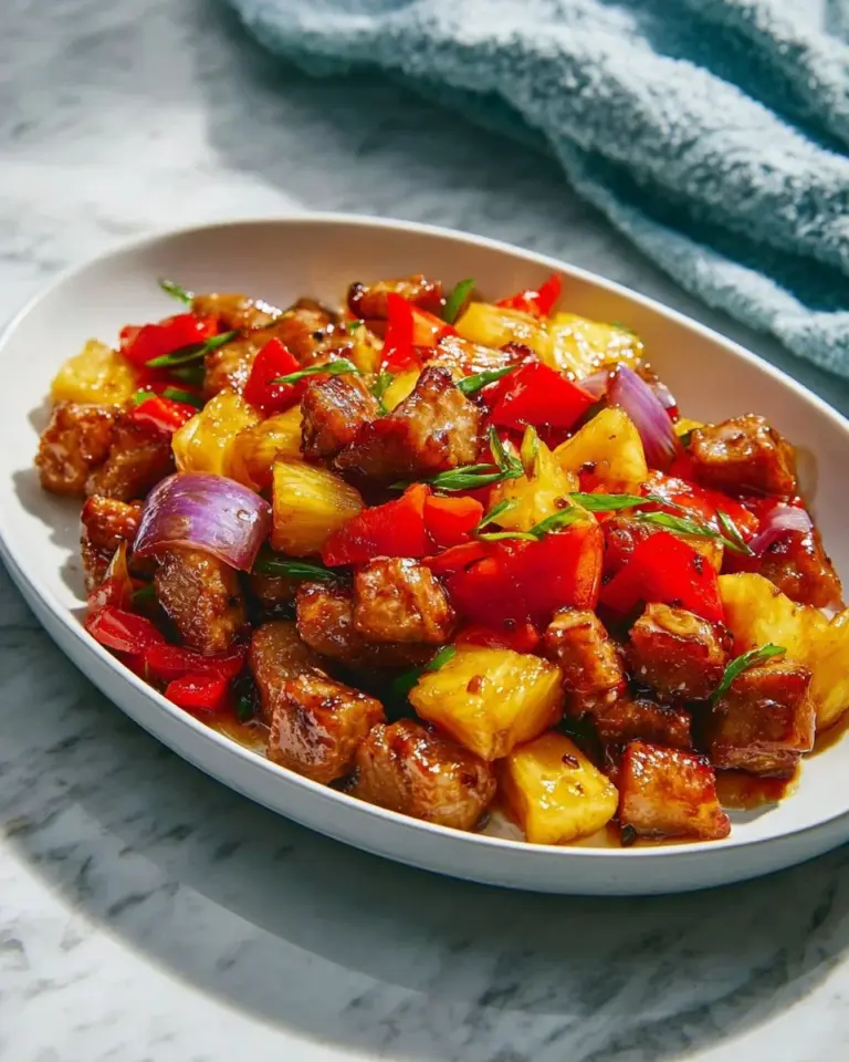 Delicious sheet pan pineapple chicken dish garnished with fresh vegetables.