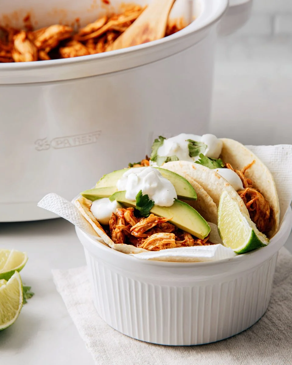 Delicious shredded chicken tacos served in warm tortillas with toppings