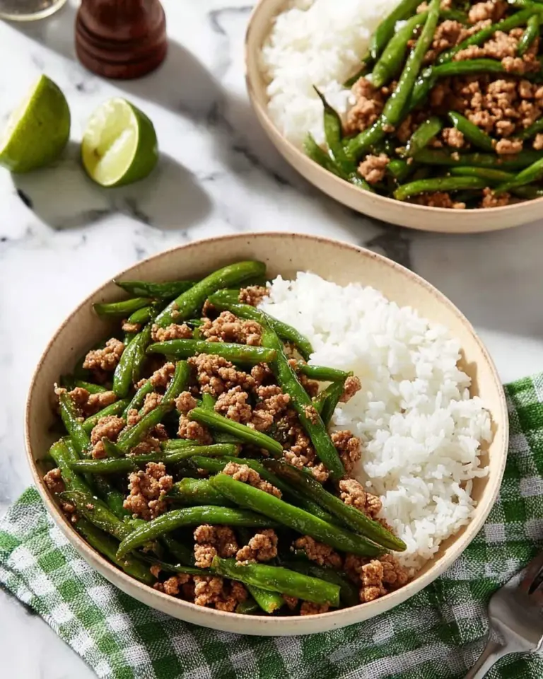 Simple dish of Asian ground turkey served with green beans and rice